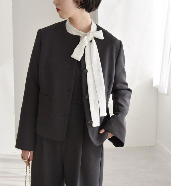 quaranciel「quaranciel:〈洗濯機可能〉ダブルクロス フレア ノーカラー ジャケット（セットアップ対応）」|ノーカラージャケット|