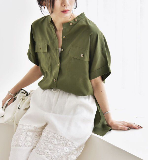 quaranciel「quaranciel:〈手洗い可能〉バンドカラー ハーフスリーブ ポケット ワーク シャツ」|シャツ・ブラウス|オリーブ