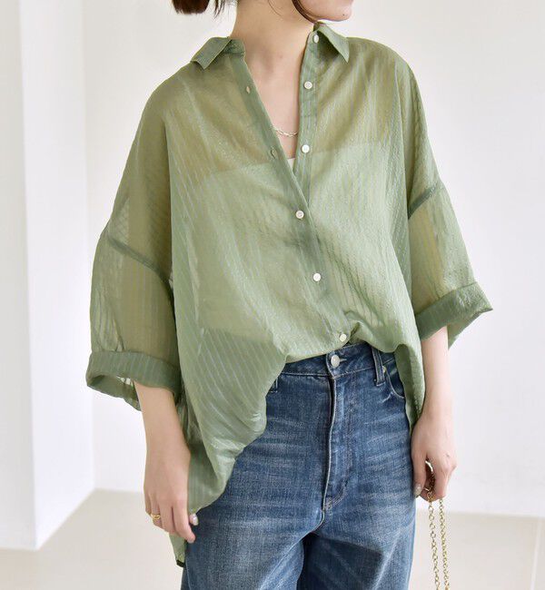 quaranciel「quaranciel:〈手洗い可能〉シアー ストライプ ボーダー ビッグ シャツ」|シャツ・ブラウス|カーキ