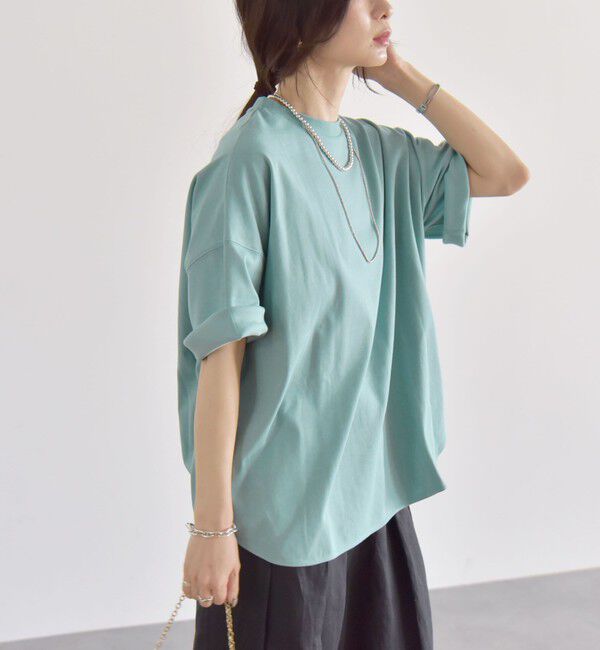 quaranciel「quaranciel:〈接触冷感/汗染み防止加工/洗濯機可能〉ラウンドヘム クルー ビッグ TEE」|Tシャツ・カットソー|ライトブルー