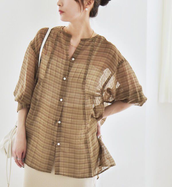 quaranciel「quaranciel:〈手洗い可能〉シアー チェック ノーカラー ハーフスリーブ ブラウス」|シャツ・ブラウス|カーキ