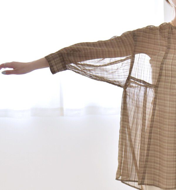 quaranciel「quaranciel:〈手洗い可能〉シアー チェック ノーカラー ハーフスリーブ ブラウス」|シャツ・ブラウス|