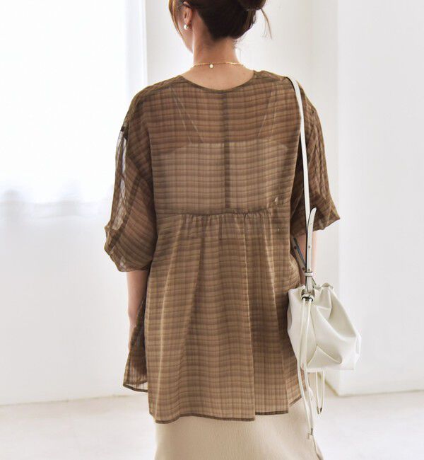 quaranciel「quaranciel:〈手洗い可能〉シアー チェック ノーカラー ハーフスリーブ ブラウス」|シャツ・ブラウス|