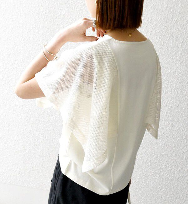 SHIPS any「《一部追加予約》SHIPS any:〈手洗い可能〉メッシュ シアー ハンカチ スリーブ ドッキング TEE」|Tシャツ・カットソー|