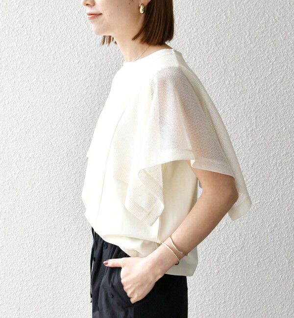 SHIPS any「《一部追加予約》SHIPS any:〈手洗い可能〉メッシュ シアー ハンカチ スリーブ ドッキング TEE」|Tシャツ・カットソー|