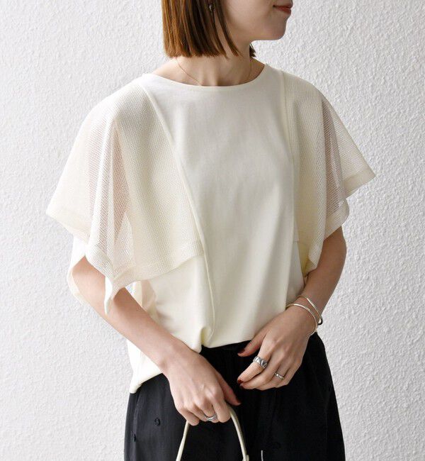 SHIPS any「《一部追加予約》SHIPS any:〈手洗い可能〉メッシュ シアー ハンカチ スリーブ ドッキング TEE」|Tシャツ・カットソー|