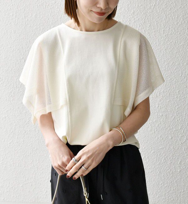 SHIPS any「《一部追加予約》SHIPS any:〈手洗い可能〉メッシュ シアー ハンカチ スリーブ ドッキング TEE」|Tシャツ・カットソー|