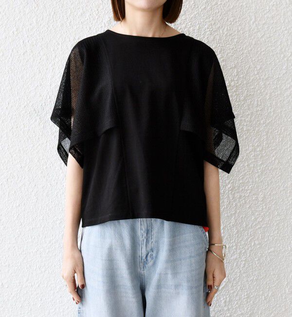 SHIPS any「《一部追加予約》SHIPS any:〈手洗い可能〉メッシュ シアー ハンカチ スリーブ ドッキング TEE」|Tシャツ・カットソー|