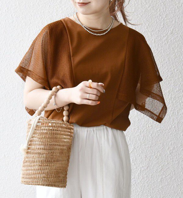 SHIPS any「《一部追加予約》SHIPS any:〈手洗い可能〉メッシュ シアー ハンカチ スリーブ ドッキング TEE」|Tシャツ・カットソー|