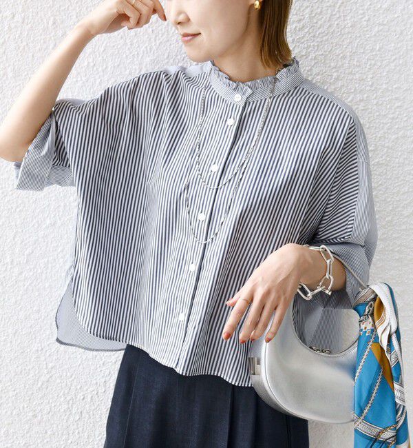 SHIPS for women「【WEB限定】〈手洗い可能〉ブロード ストライプ / 無地 切替 パッチワーク シャツ」|シャツ・ブラウス|