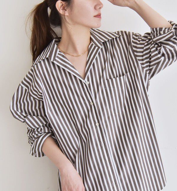 quaranciel「quaranciel:〈洗濯機可能〉REPREVE オープン カラー シャツ」|シャツ・ブラウス|ブラウン