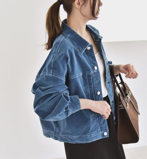 quaranciel「quaranciel:〈洗濯機可能〉コットン ベロア インディゴ ボリュームスリーブ ショート ブルゾン」|ブルゾン・スタジャン|