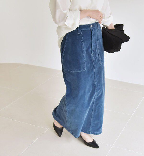 quaranciel「quaranciel:〈洗濯機可能〉コットン ベロア インディゴ Iライン ストレート スカート」|タイト|