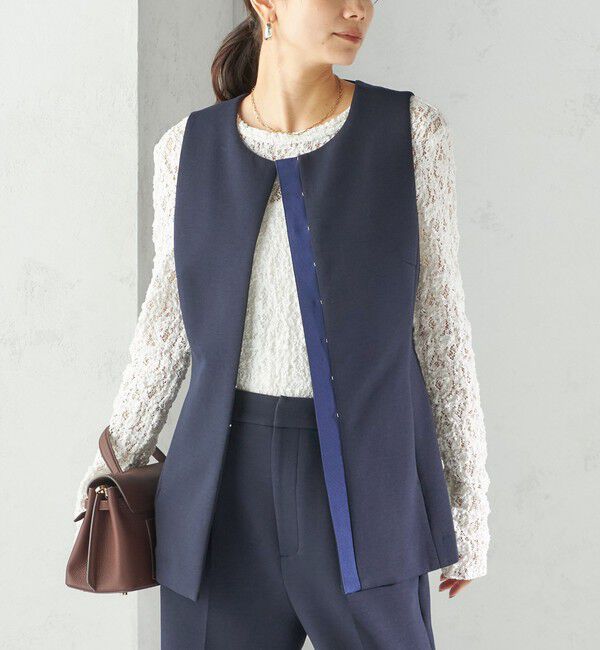 SHIPS for women「〈洗濯機可能 / セレモニー対応可〉ポリエステル レーヨン ダンボール ジレ」|ベスト・ジレ|ネイビー