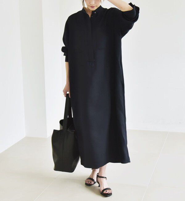quaranciel「quaranciel:〈洗濯機可能〉ダブルクロス スタンドカラー ポケット シャツ ワンピース」|ワンピース|ネイビー