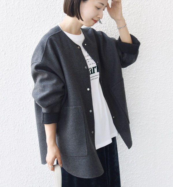 SHIPS for women「セミ 梳毛 配色 リバーシブル ノーカラー ショート コート」|ノーカラーコート|