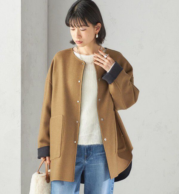 SHIPS for women「セミ 梳毛 配色 リバーシブル ノーカラー ショート コート」|ノーカラーコート|