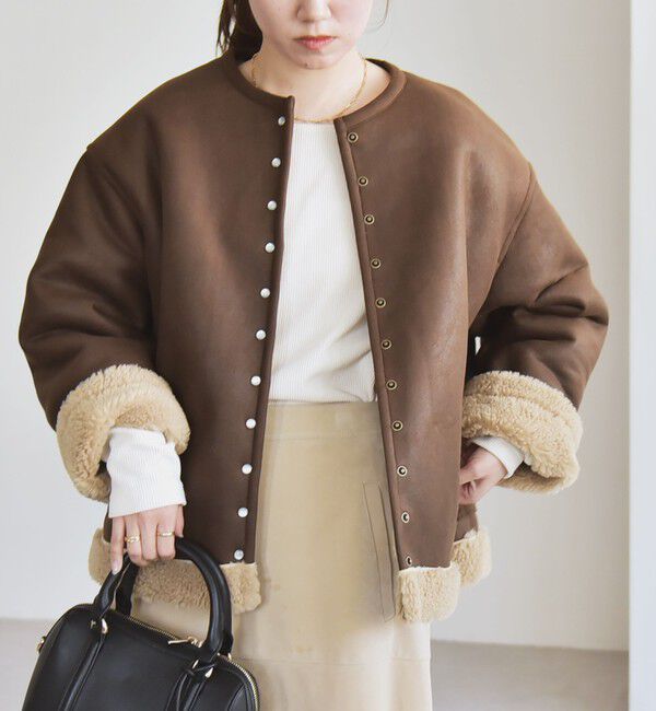 quaranciel「quaranciel: ムートンライク ボア ボンディング ノーカラー スナップ ブルゾン」|その他|