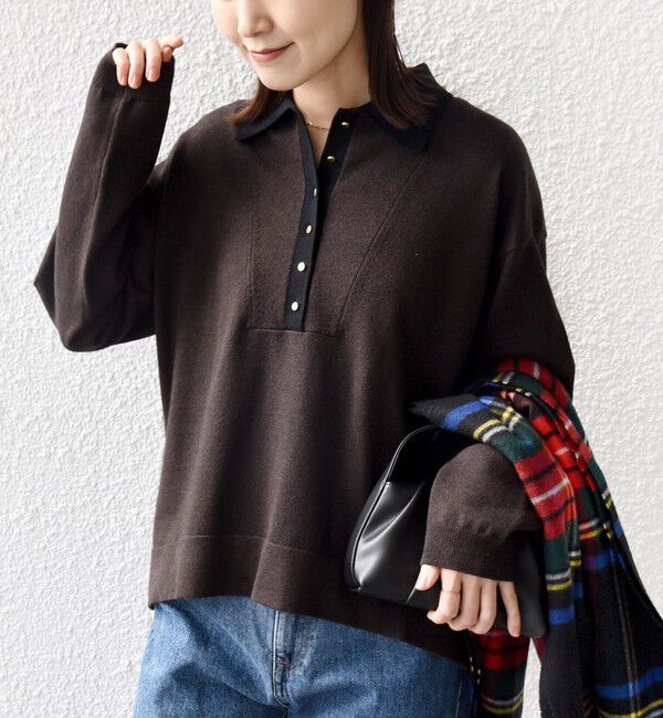 SHIPS for women「【WEB限定】〈手洗い可能〉サイド スリット ゴールド 釦 ポロ ニット」|ニット・セーター|