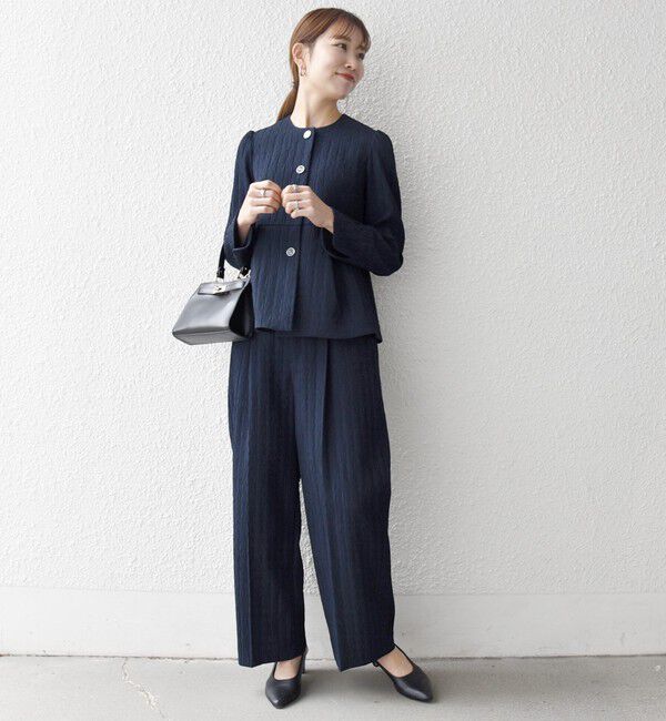 SHIPS any「SHIPS any:〈手洗い可能〉ジャカード ノーカラー ペプラム ジャケット［NAVY BLUE］」|ノーカラージャケット|