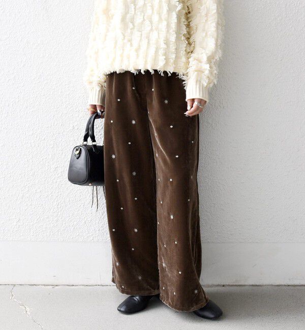 SHIPS any「SHIPS any:〈手洗い可能〉ポリエステル ベロア 刺繍 ストレート ワイド パンツ」|その他|