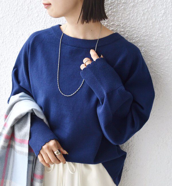 SHIPS for women「〈手洗い可能〉コットン カシミヤ混 スカラップヘム ボートネック プルオーバー」|ニット・セーター|ネイビー