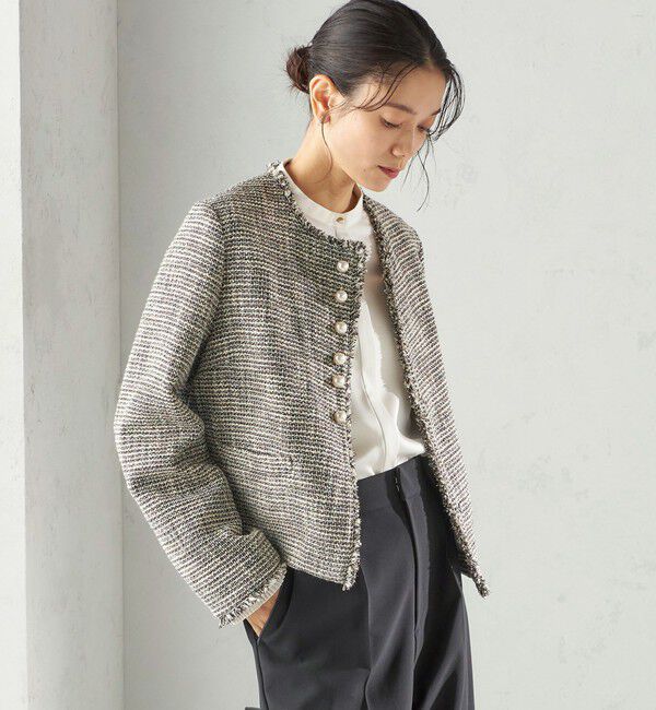 SHIPS for women「トライスピン 杢 ツイード パール モチーフ ボタン ジャケット（セレモニー対応可）」|ノーカラージャケット|