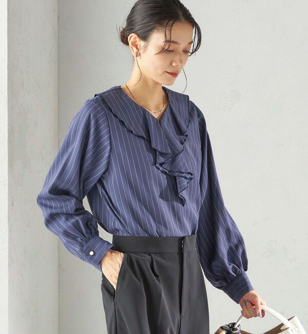 SHIPS for women「《予約》〈手洗い可能〉フィブリル ストライプ フリル カラー ブラウス」|シャツ・ブラウス|