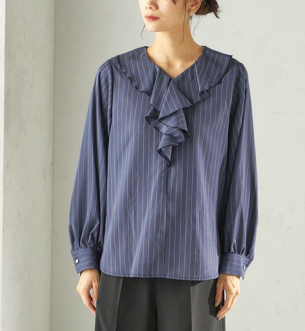 SHIPS for women「《予約》〈手洗い可能〉フィブリル ストライプ フリル カラー ブラウス」|シャツ・ブラウス|