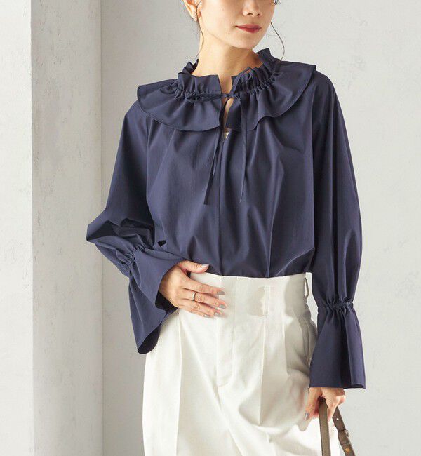 SHIPS for women「〈撥水加工 / UVカット〉タフタ フリルカラー キャンディースリーブ ブラウス（セレモニー対応可）」|シャツ・ブラウス|ネイビー