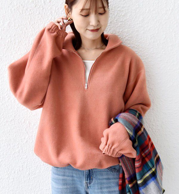 SHIPS for women「〈洗濯機可能〉フリース 裾 ドロスト ハーフ ジップ プルオーバー」|Tシャツ・カットソー|スモークピンク