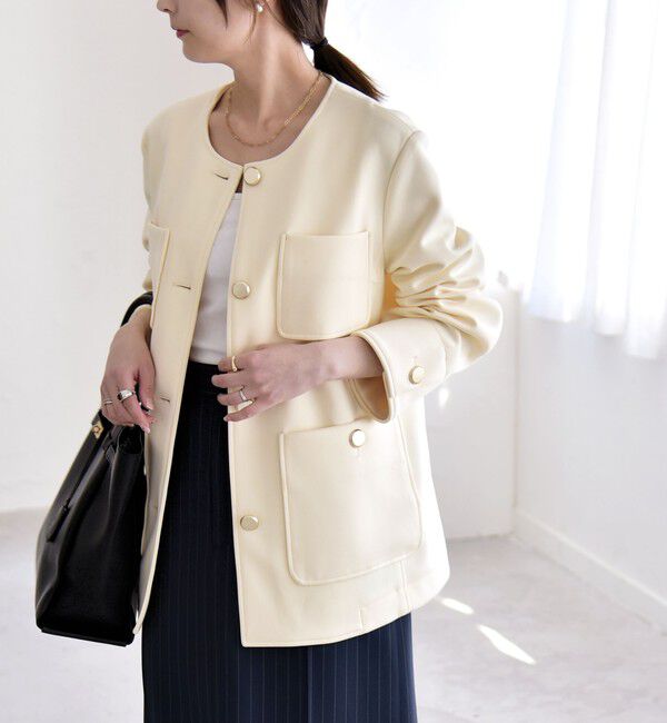 quaranciel「quaranciel:〈手洗い可能〉ジャージー ゴールドボタン クルーネック ジャケット」|ノーカラージャケット|