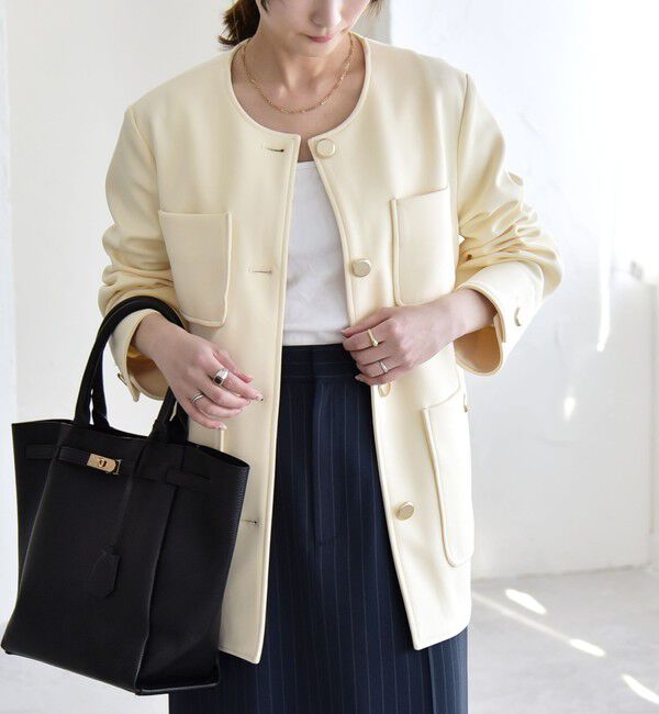 quaranciel「quaranciel:〈手洗い可能〉ジャージー ゴールドボタン クルーネック ジャケット」|ノーカラージャケット|