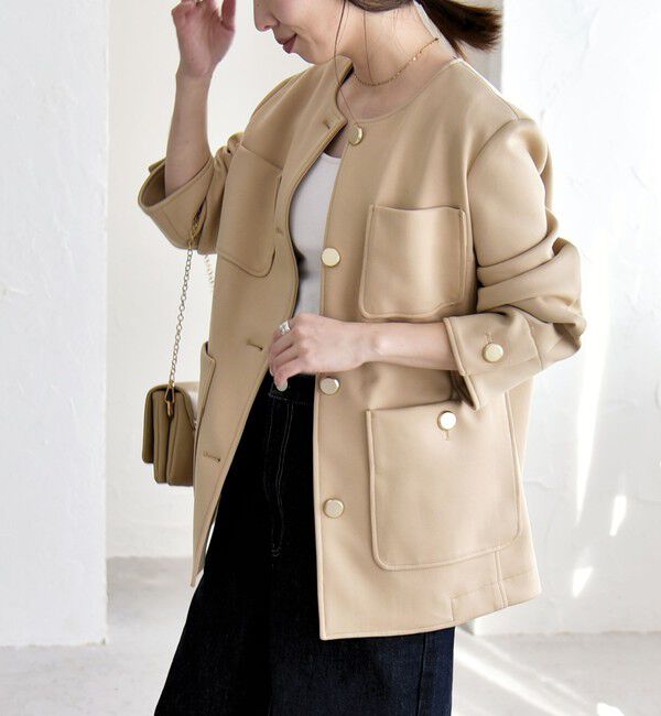 quaranciel「quaranciel:〈手洗い可能〉ジャージー ゴールドボタン クルーネック ジャケット」|ノーカラージャケット|