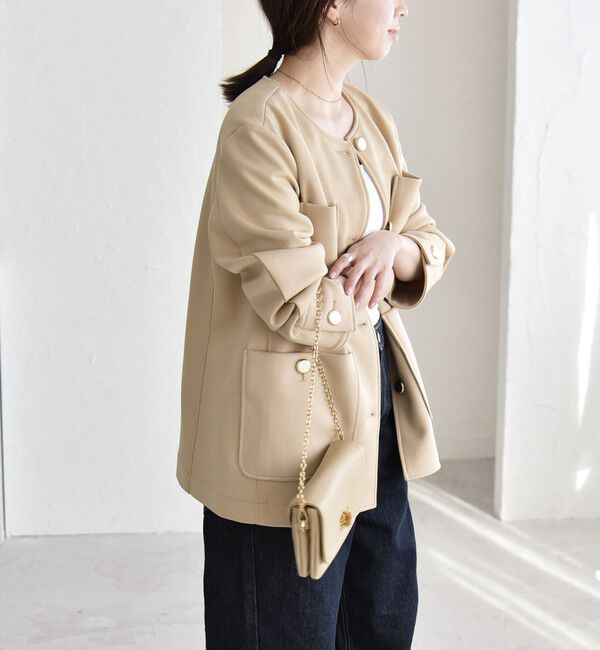 quaranciel「quaranciel:〈手洗い可能〉ジャージー ゴールドボタン クルーネック ジャケット」|ノーカラージャケット|