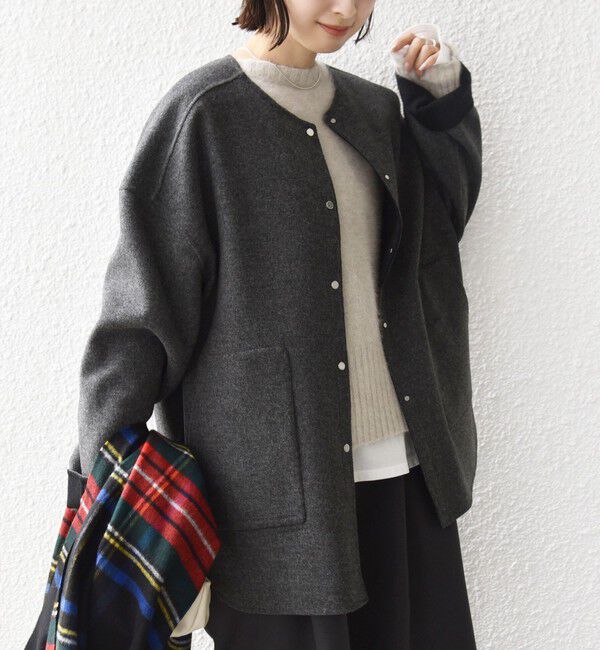 SHIPS for women「セミ 梳毛 配色 リバー ノーカラー コート」|ノーカラーコート|