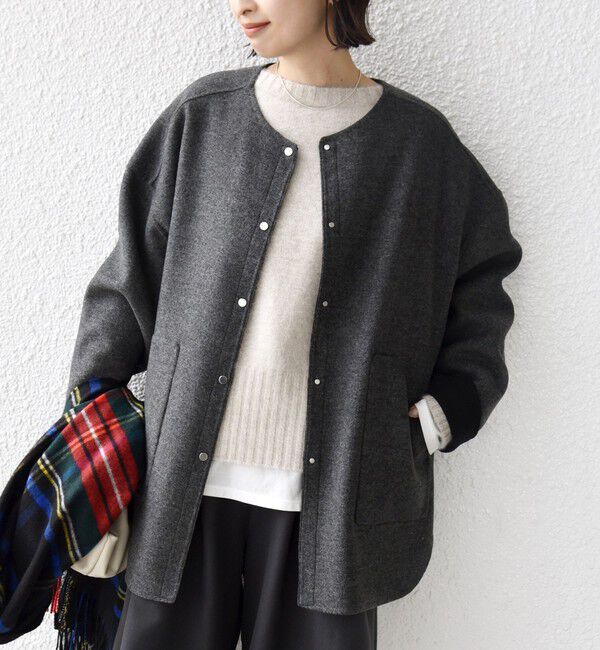 SHIPS for women「セミ 梳毛 配色 リバー ノーカラー コート」|ノーカラーコート|