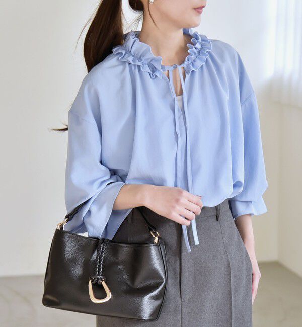 quaranciel「quaranciel:〈洗濯機可能〉フリルカラー リボン ギャザースリーブ ブラウス」|シャツ・ブラウス|ライトブルー