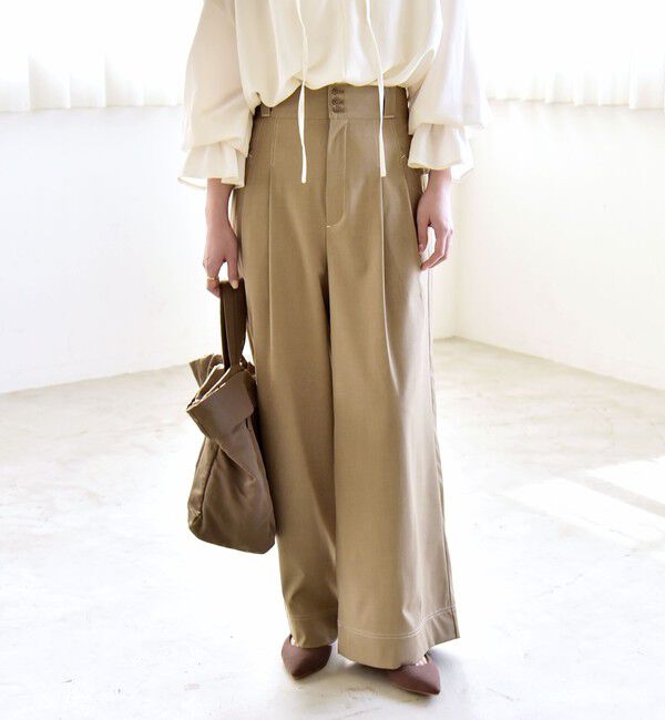quaranciel「quaranciel:〈洗濯機可能〉ハイウエスト ワイド 2タック パンツ」|その他|ベージュ
