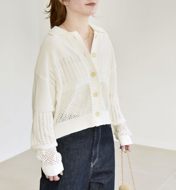 quaranciel「quaranciel:〈手洗い可能〉透かし編み 襟付き ニット カーディガン」|カーディガン|