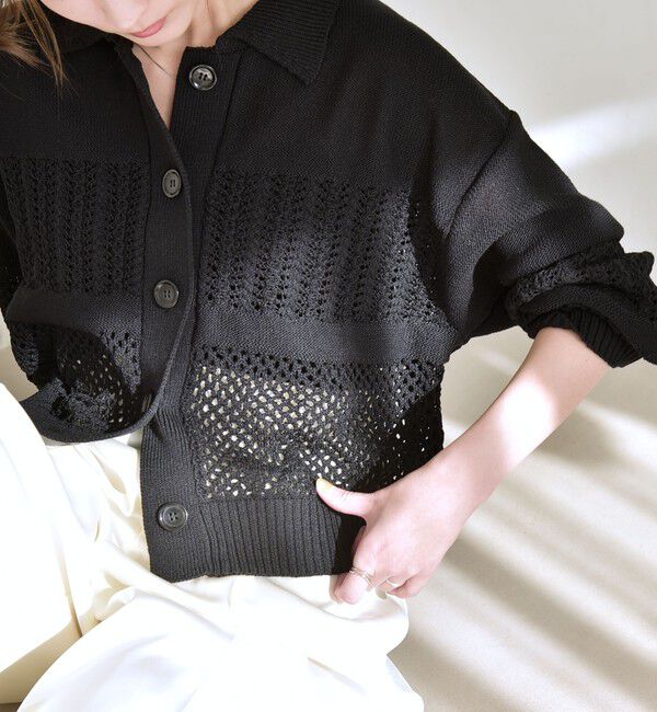 quaranciel「quaranciel:〈手洗い可能〉透かし編み 襟付き ニット カーディガン」|カーディガン|