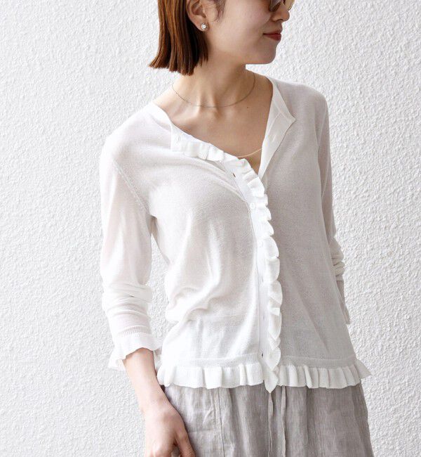 SHIPS any「SHIPS any:〈手洗い可能〉コットン ミックス シアー フリル カーディガン」|カーディガン|