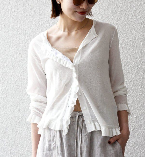 SHIPS any「SHIPS any:〈手洗い可能〉コットン ミックス シアー フリル カーディガン」|カーディガン|