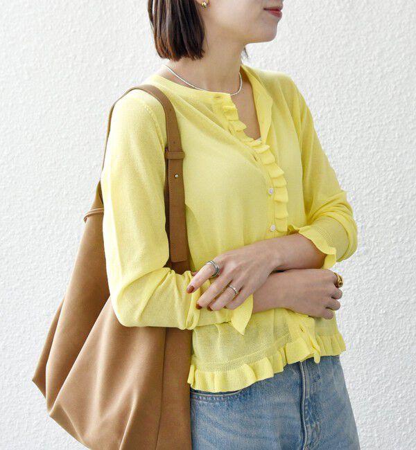 SHIPS any「SHIPS any:〈手洗い可能〉コットン ミックス シアー フリル カーディガン」|カーディガン|イエロー