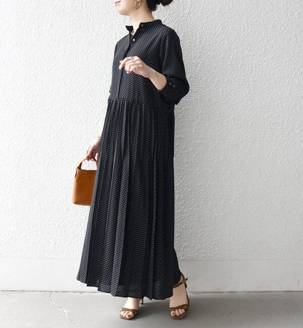 SHIPS any「《追加予約》SHIPS any:〈手洗い可能〉ドット バンドカラー プリーツ ロング ワンピース」|ワンピース|