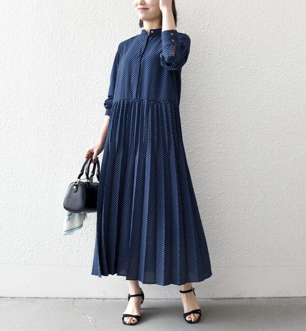 SHIPS any「《追加予約》SHIPS any:〈手洗い可能〉ドット バンドカラー プリーツ ロング ワンピース」|ワンピース|