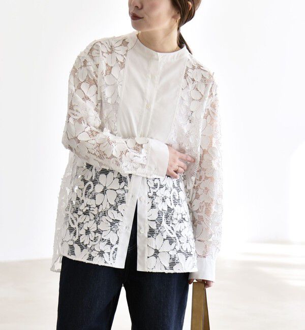 quaranciel「quaranciel:〈手洗い可能〉デニム フラワー レース バンドカラー シャツ」|シャツ・ブラウス|