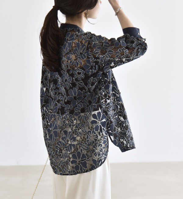 quaranciel「quaranciel:〈手洗い可能〉デニム フラワー レース バンドカラー シャツ」|シャツ・ブラウス|