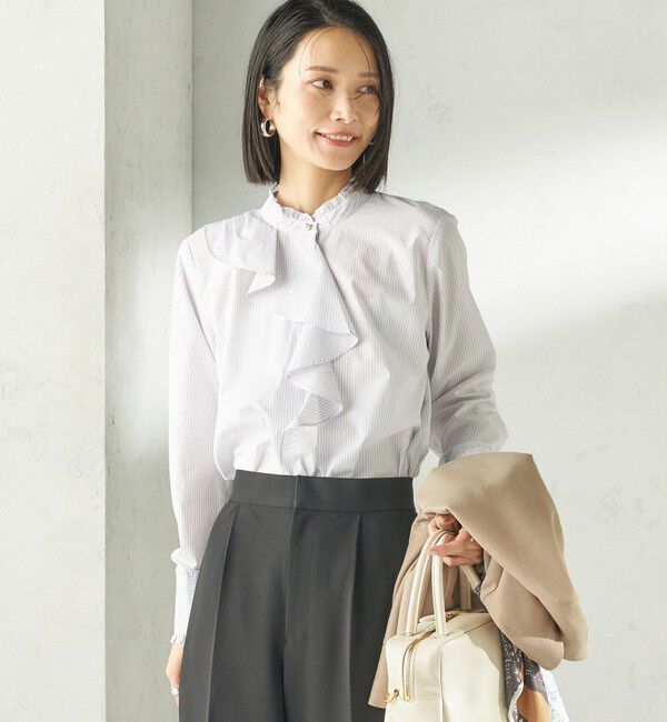 SHIPS for women「〈手洗い可能〉パール モチーフ ボタン フリル ブラウス」|シャツ・ブラウス|