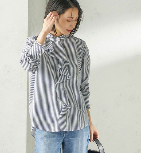 SHIPS for women「〈手洗い可能〉パール モチーフ ボタン フリル ブラウス」|シャツ・ブラウス|ブルー